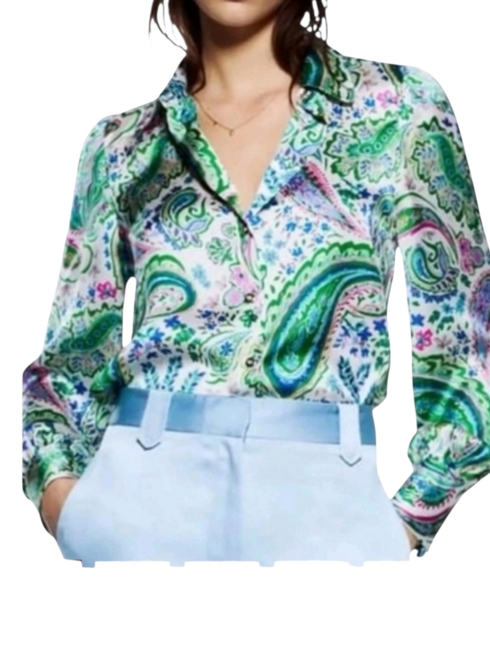 Zara Paisley Print Satin Blouse Green Pink Blue XL